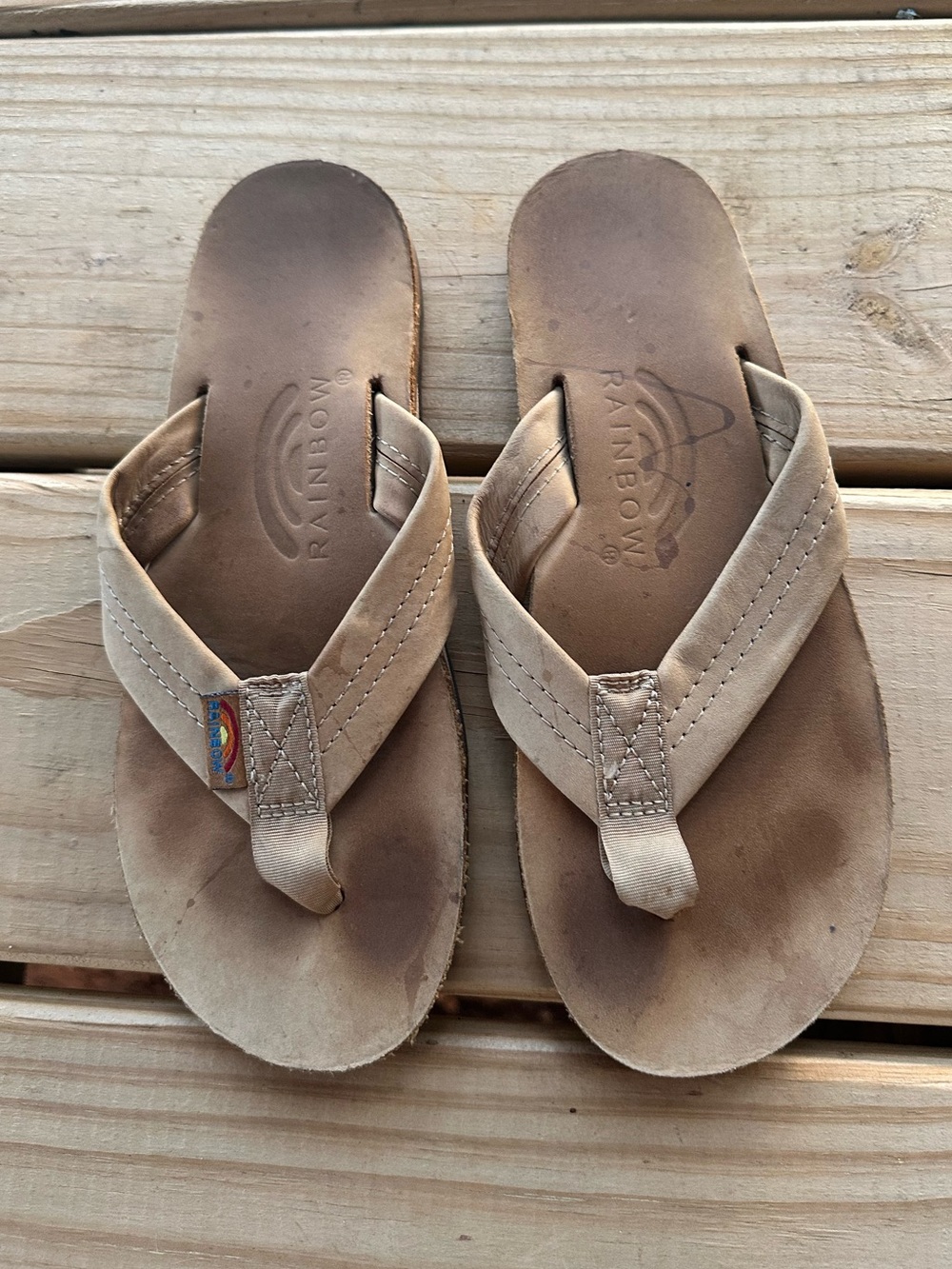 Rainbow Kids Leather Flip Flops in Tan